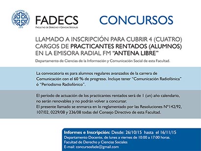 LLAMADO A INSCRIPCIÓN PARA CUBRIR 4 (CUATRO) CARGOS DE PRACTICANTES RENTADOS (ALUMNOS) EN LA EMISORA RADIAL FM “ANTENA LIBRE”